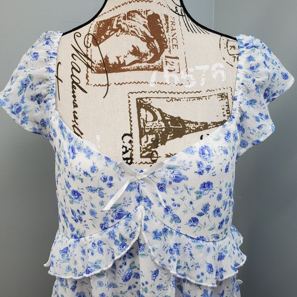 Altar'd State Tiered Mini Dress Womens Large Multi Floral Cap Sleeve Sweetheart - Picture 7 of 11